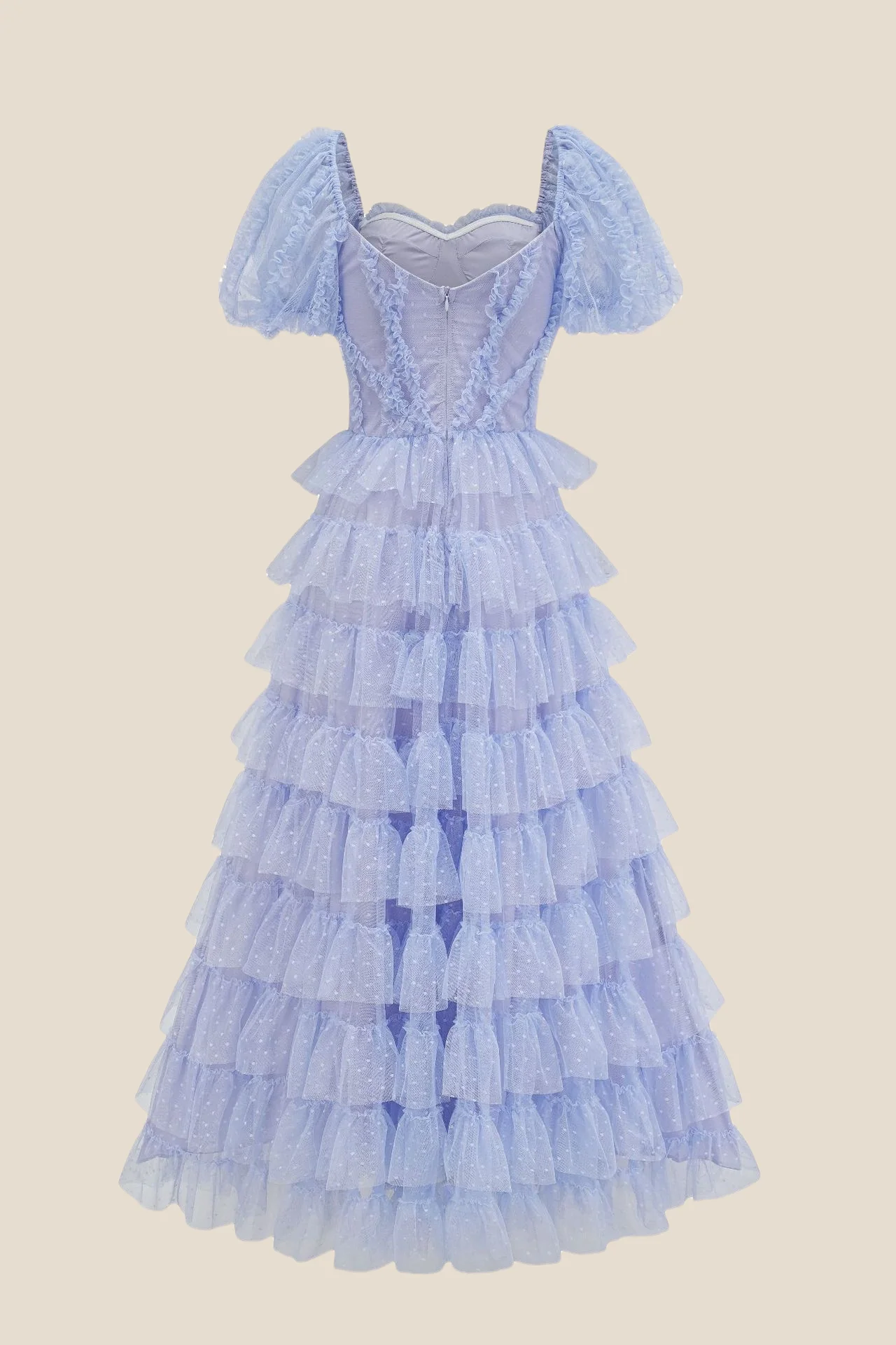 Puff Sleeves Hot Pink Dots Tiered Long Dress - Image 13