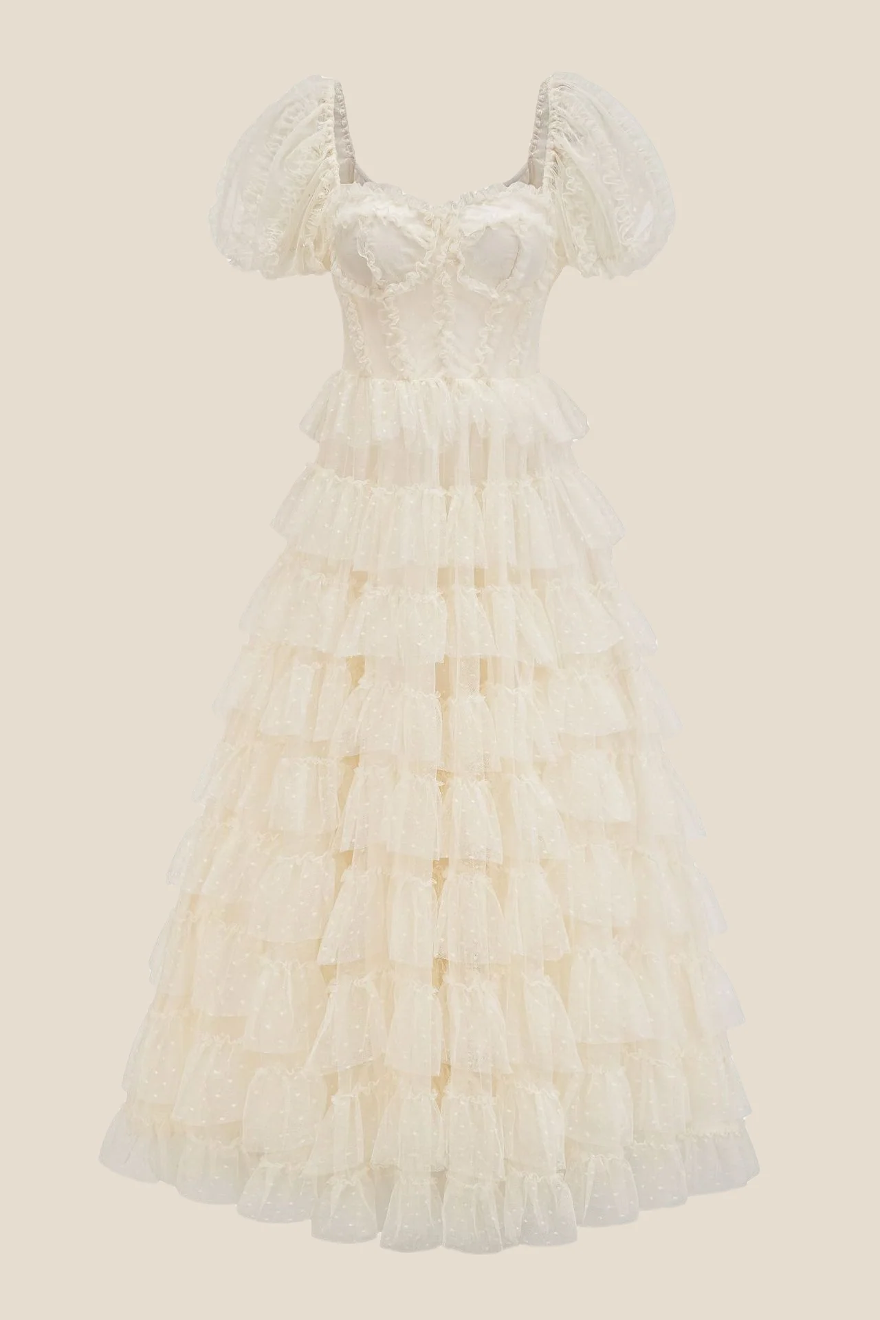 Puff Sleeves Hot Pink Dots Tiered Long Dress - Image 14