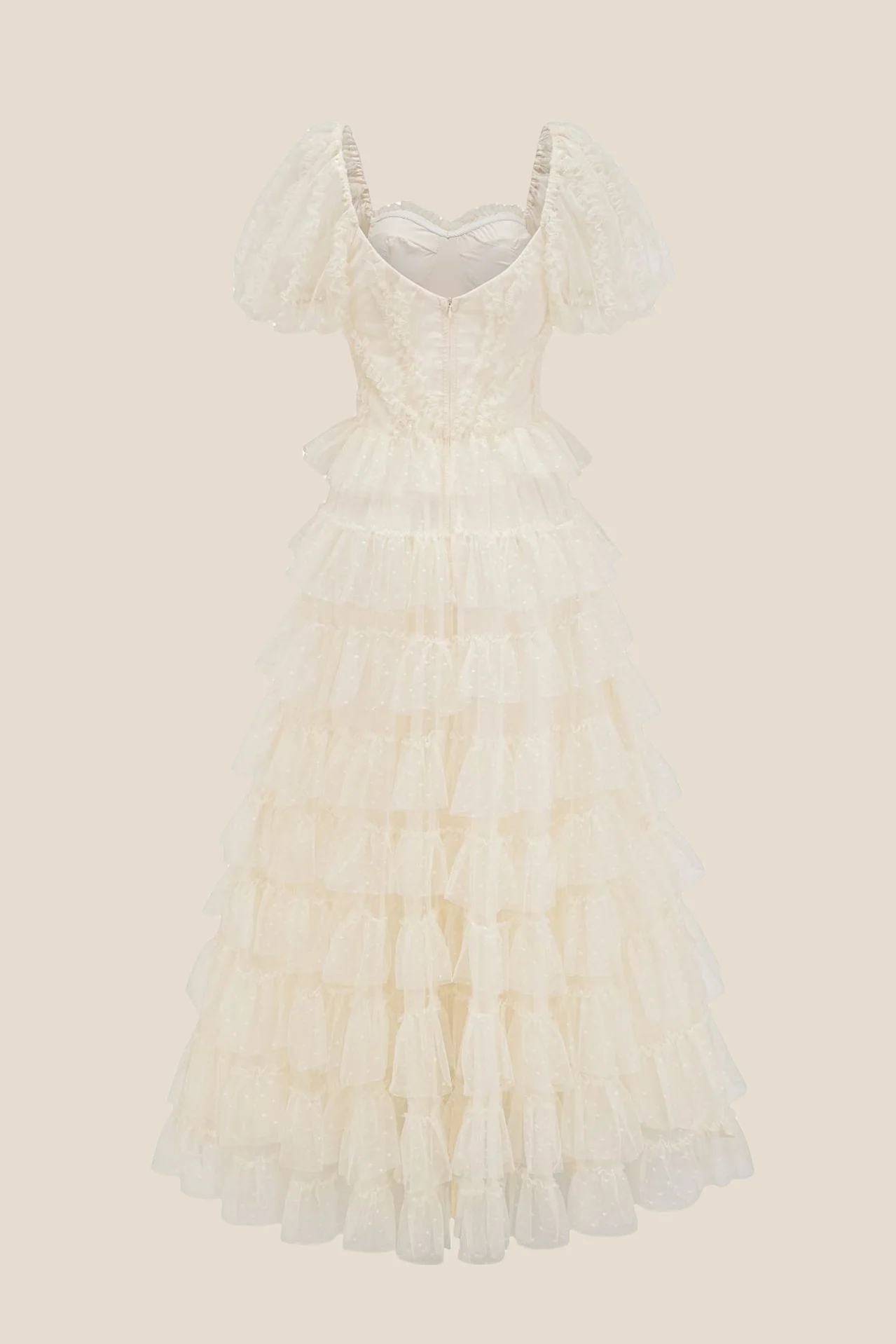 Puff Sleeves Hot Pink Dots Tiered Long Dress - Image 15