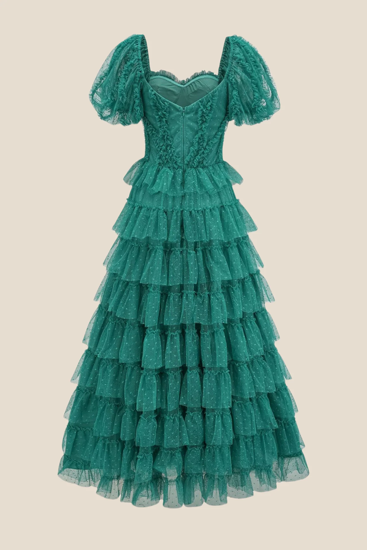 Puff Sleeves Hot Pink Dots Tiered Long Dress - Image 16