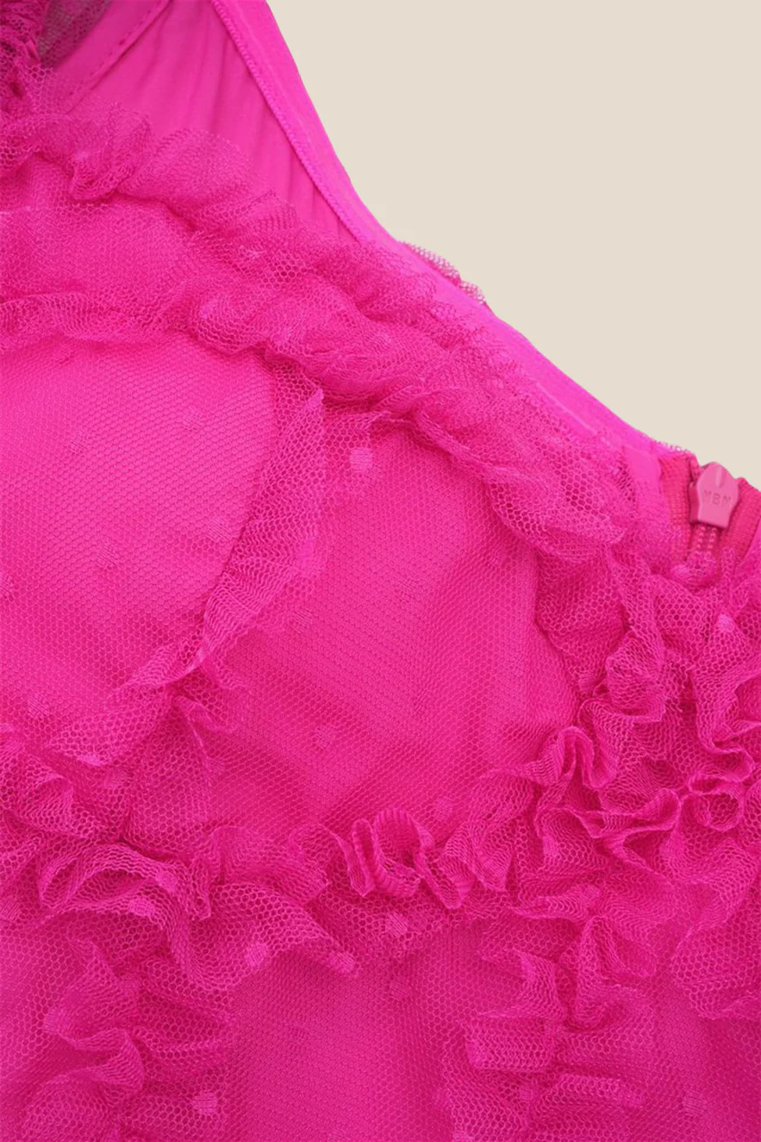 Puff Sleeves Hot Pink Dots Tiered Long Dress - Image 3
