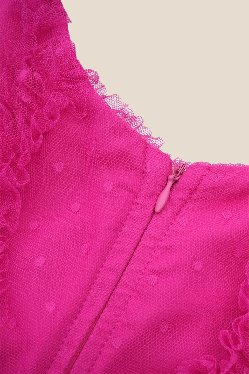 Puff Sleeves Hot Pink Dots Tiered Long Dress - Image 4