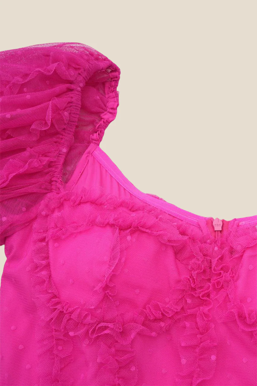Puff Sleeves Hot Pink Dots Tiered Long Dress - Image 5