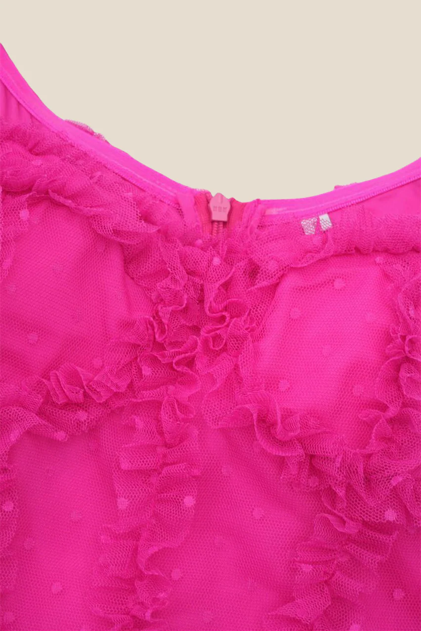 Puff Sleeves Hot Pink Dots Tiered Long Dress - Image 7