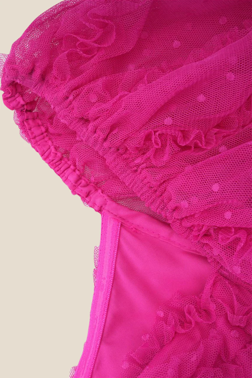Puff Sleeves Hot Pink Dots Tiered Long Dress - Image 8