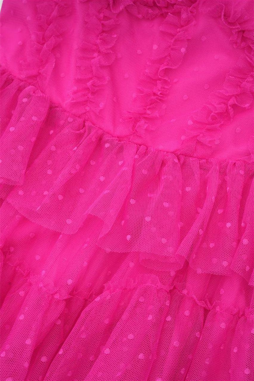 Puff Sleeves Hot Pink Dots Tiered Long Dress - Image 9