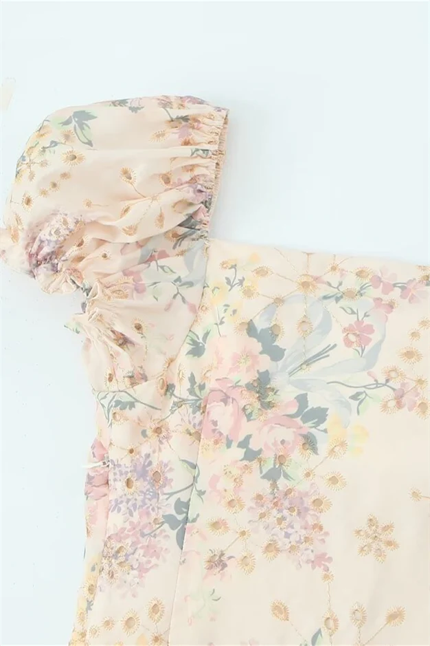 Puff Sleeves Light Apricot Floral Print Summer Dress - Image 4