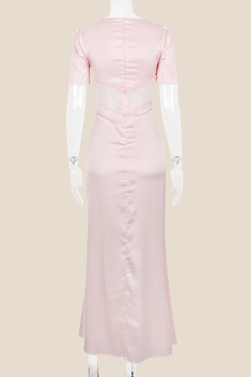 Puff Sleeves Pink Lace Splicing Mermaid Long Dress - Image 2