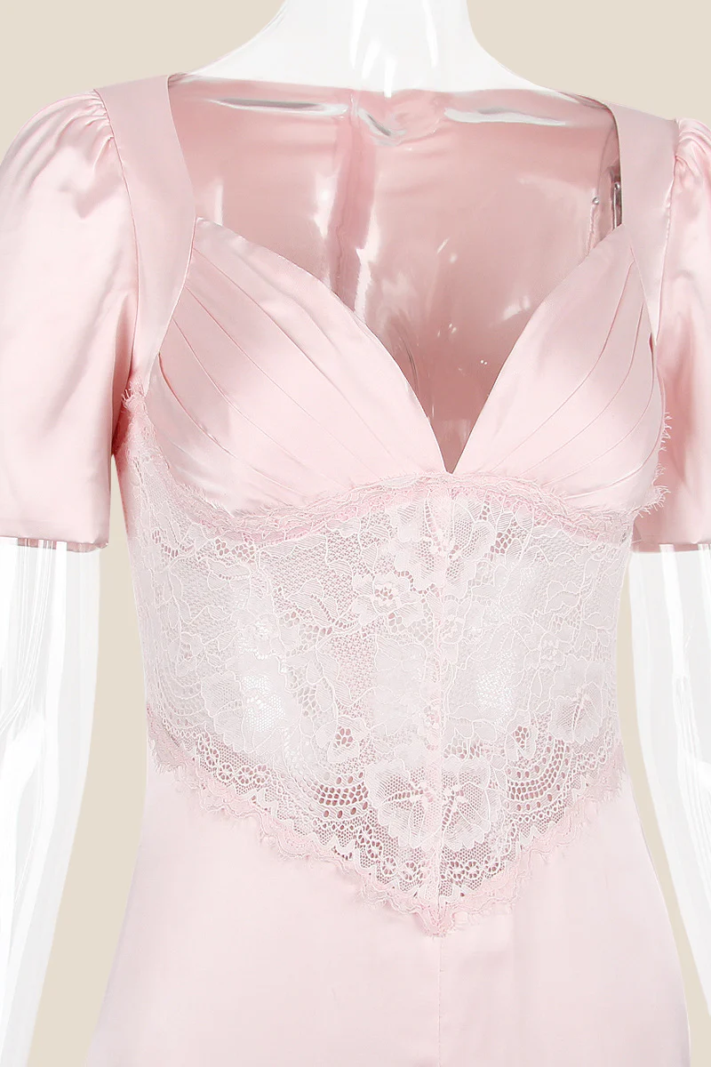 Puff Sleeves Pink Lace Splicing Mermaid Long Dress - Image 3