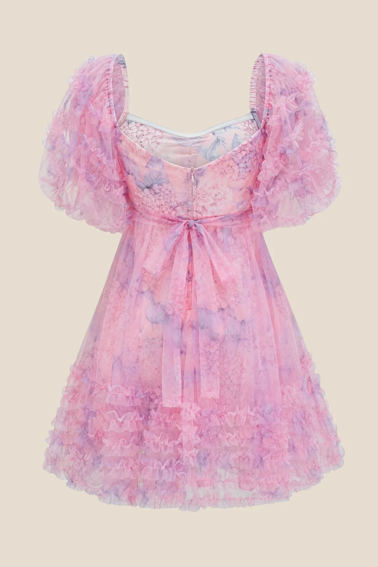 Puff Sleeves Pink Printed Short Dress with Bow - Image 2