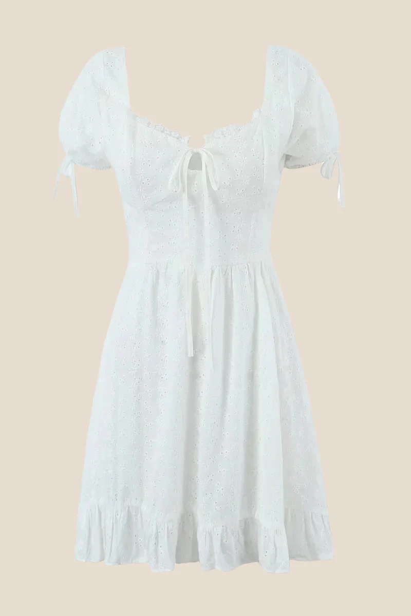 Puff Sleeves White Embroidery Short Dress