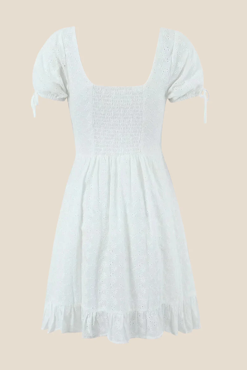 Puff Sleeves White Embroidery Short Dress - Image 2