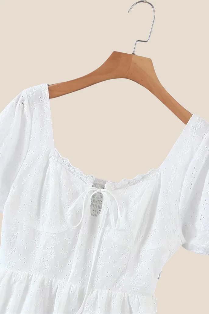 Puff Sleeves White Embroidery Short Dress - Image 3