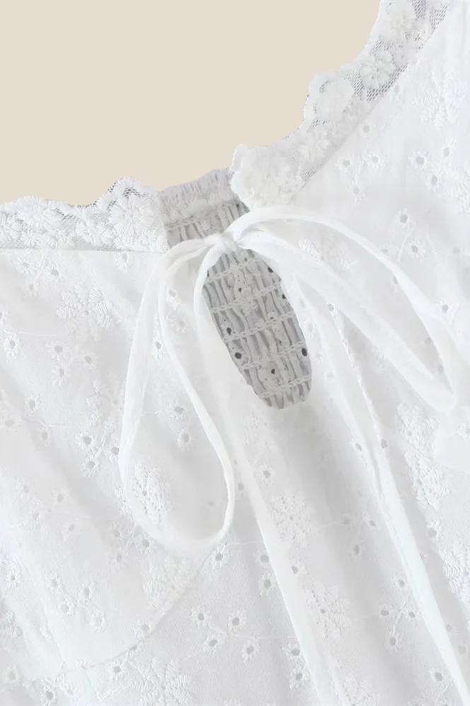 Puff Sleeves White Embroidery Short Dress - Image 5