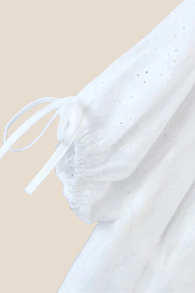 Puff Sleeves White Embroidery Short Dress - Image 6