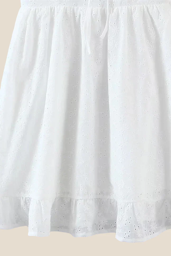 Puff Sleeves White Embroidery Short Dress - Image 7
