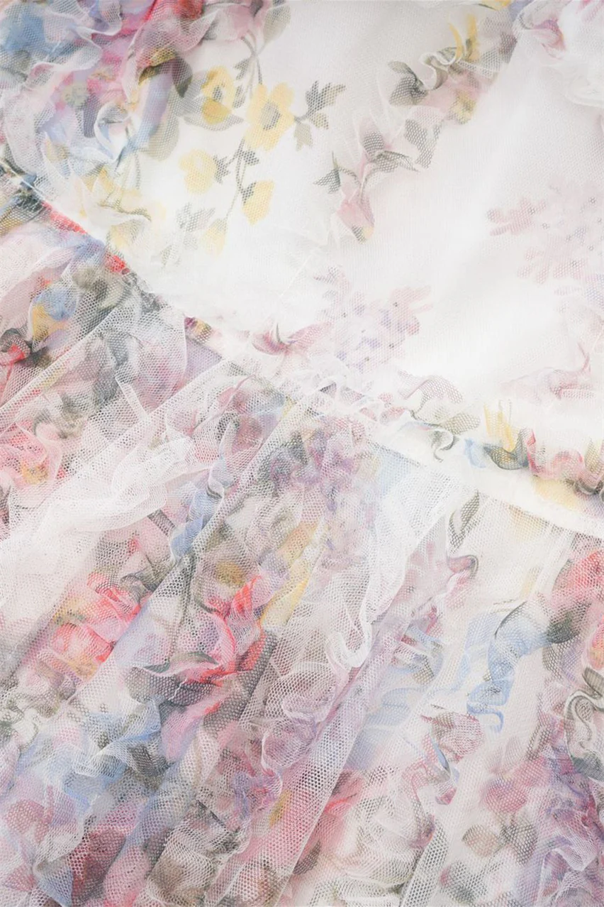 Puff Sleeves White Printed A-line Short Dress - Image 13