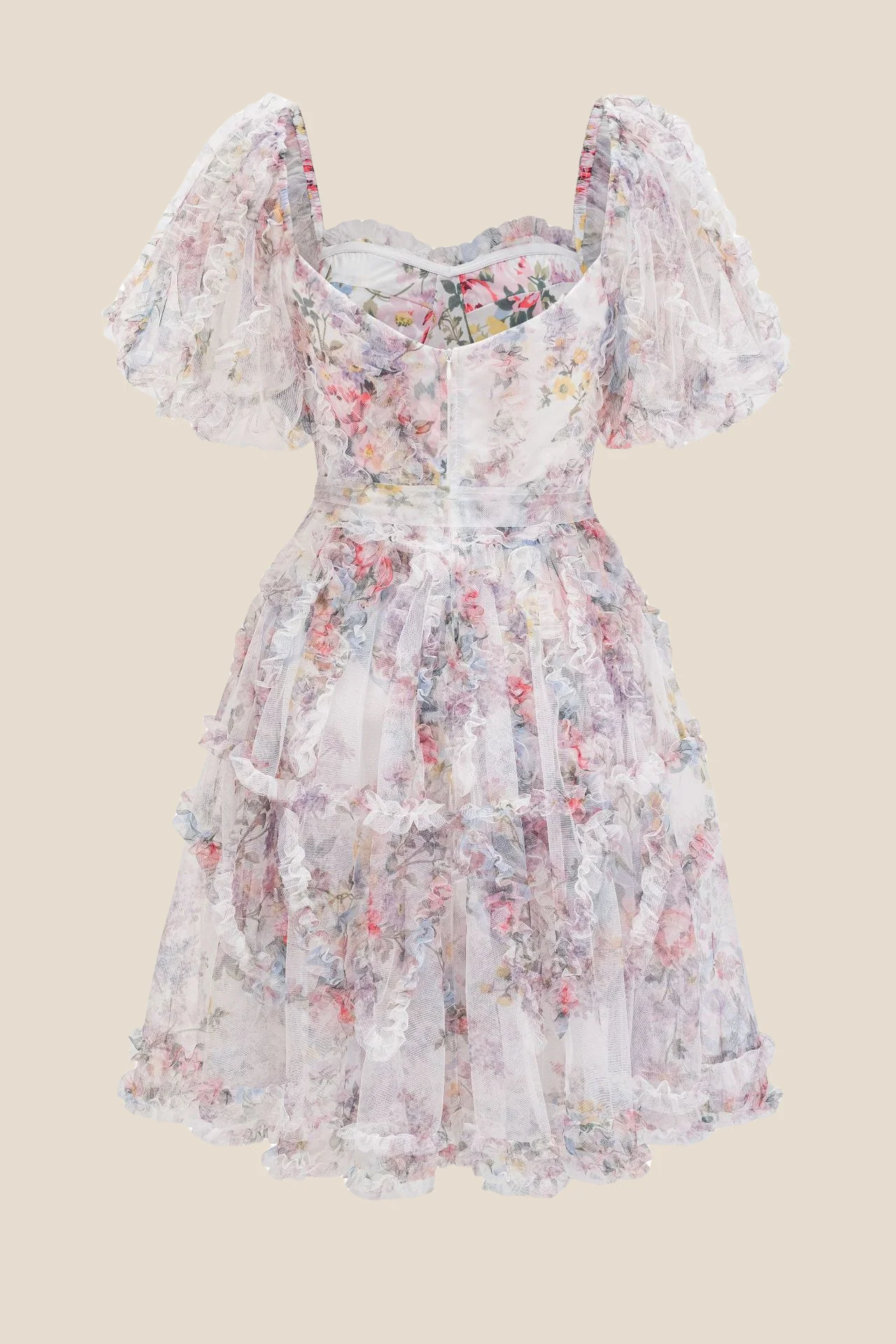 Puff Sleeves White Printed A-line Short Dress - Image 2