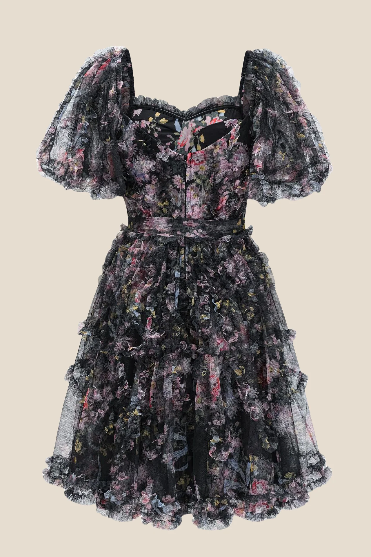 Puff Sleeves White Printed A-line Short Dress - Image 6