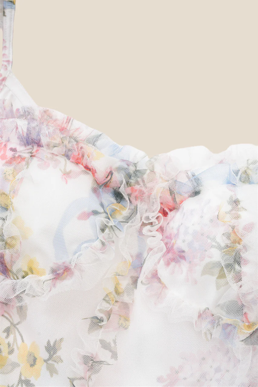 Puff Sleeves White Printed A-line Short Dress - Image 7