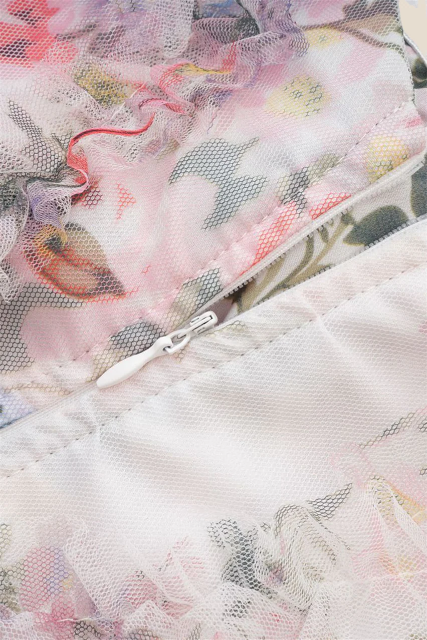 Puff Sleeves White Printed A-line Short Dress - Image 8