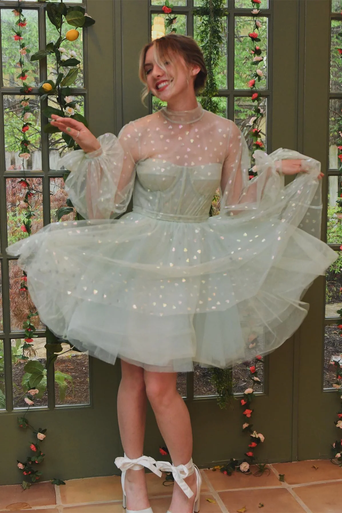 Puffy Long Sleeves Sage Green A-line Homecoming Dress - Image 3