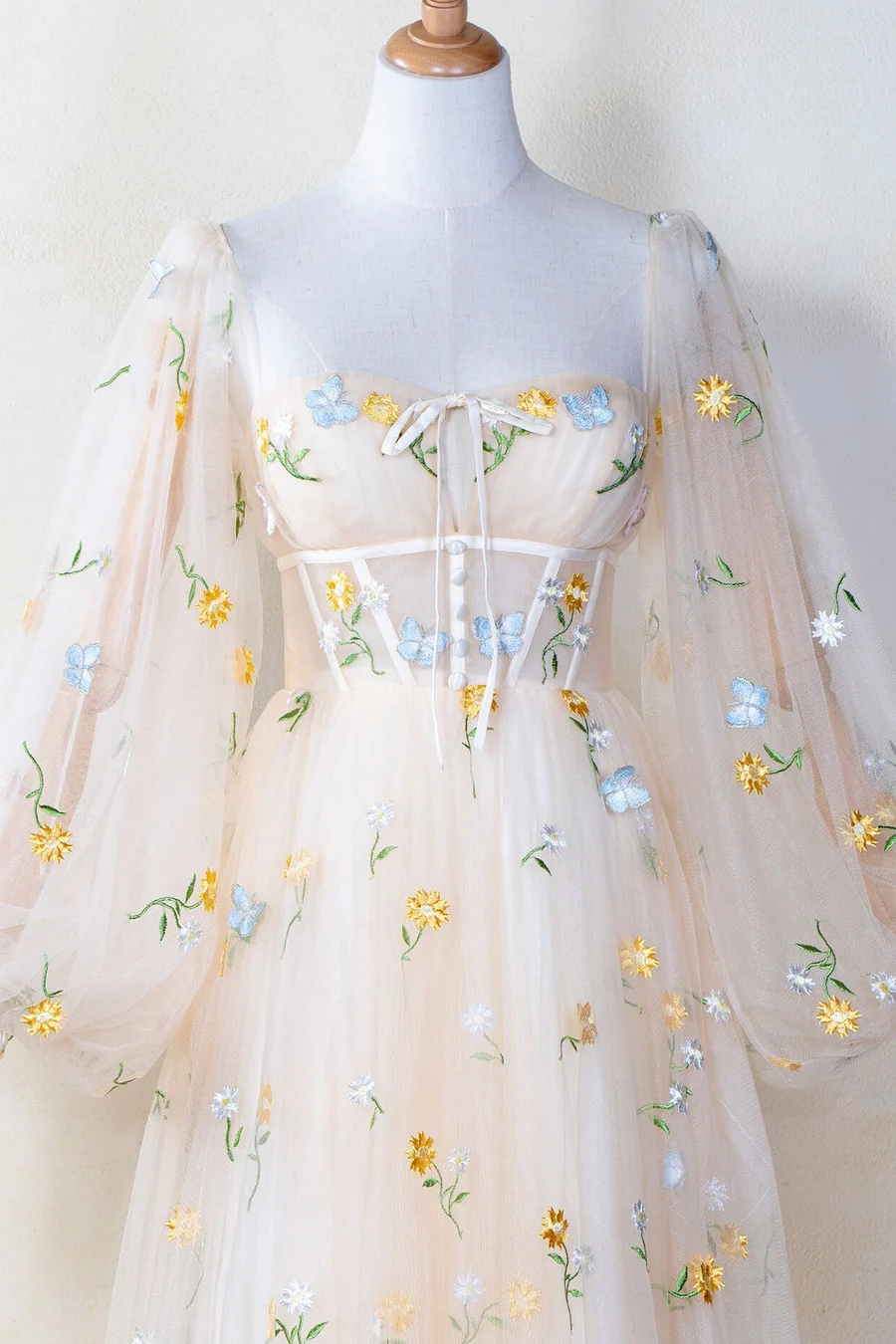Puffy Long Sleeves Yellow Floral Cottage Dress - Image 3