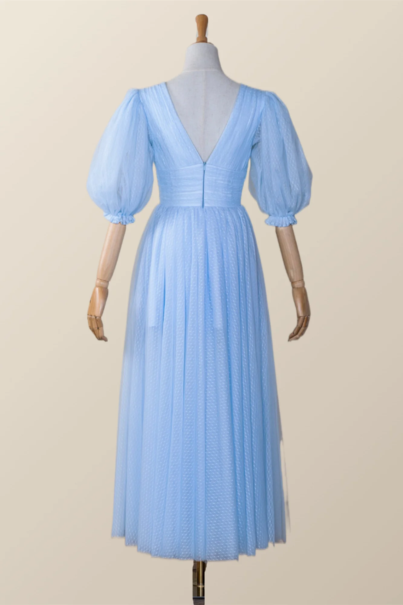 Puffy Sleeves Blue Empire Tea Length Dress - Image 3