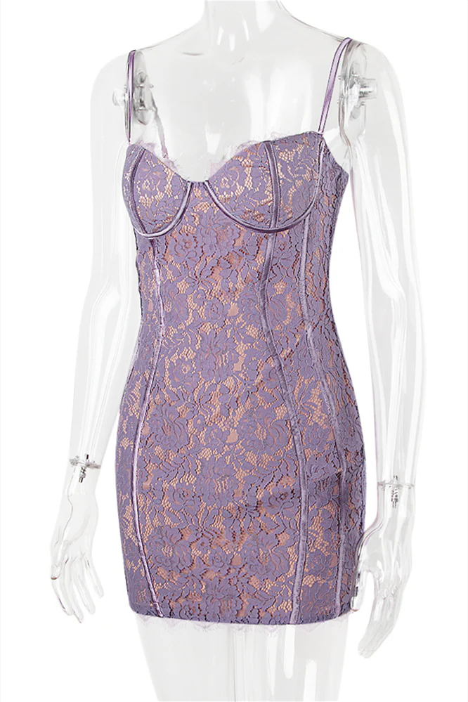 Purple Lace Appliques Bodycon Short Dress - Image 3