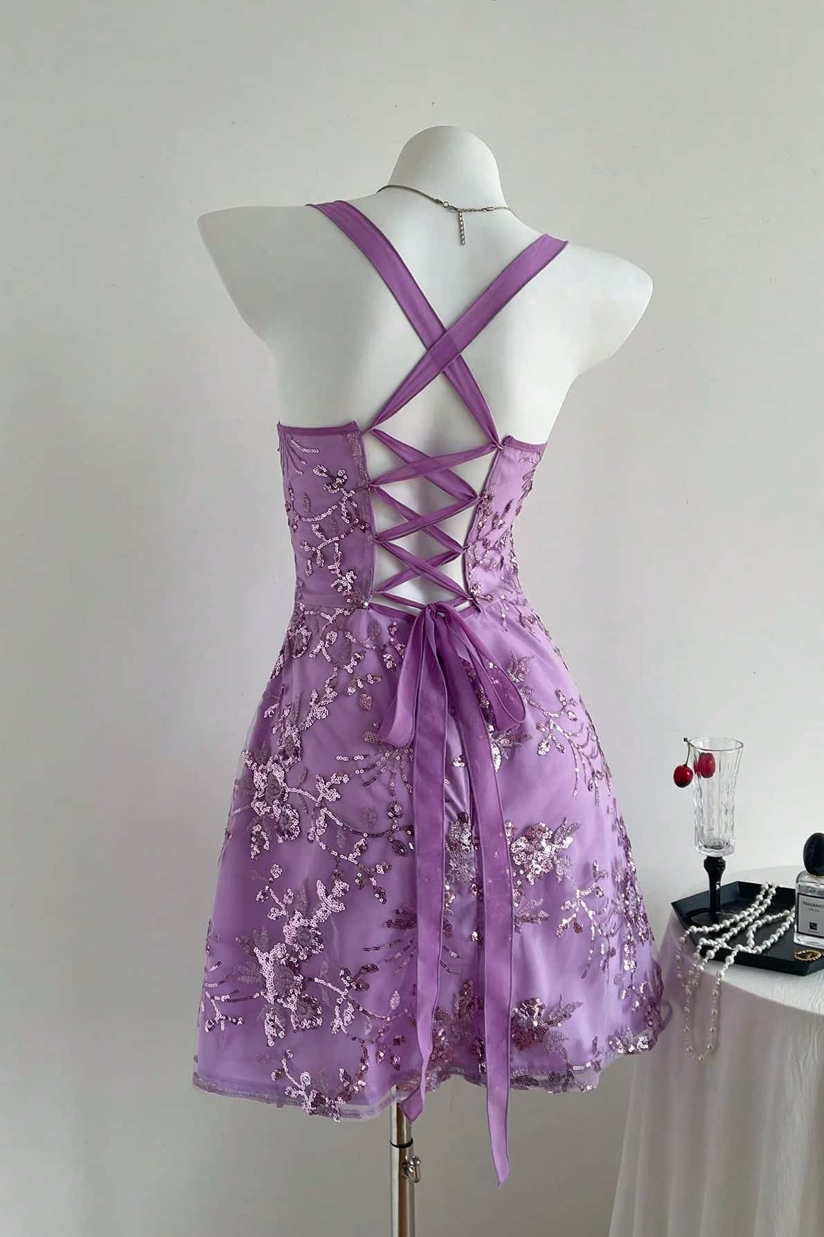Purple Sequin Embroidery A-line Short Dress - Image 8