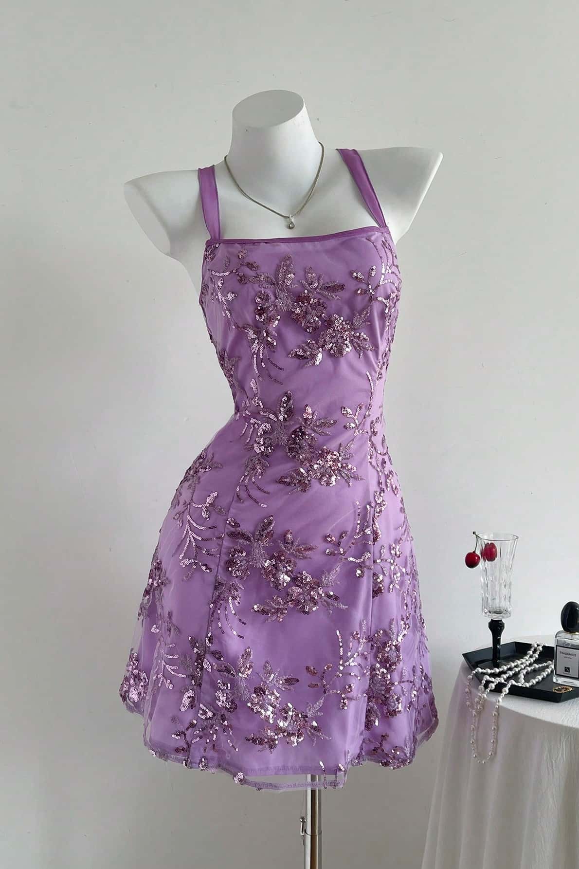 Purple Sequin Embroidery A-line Short Dress - Image 9