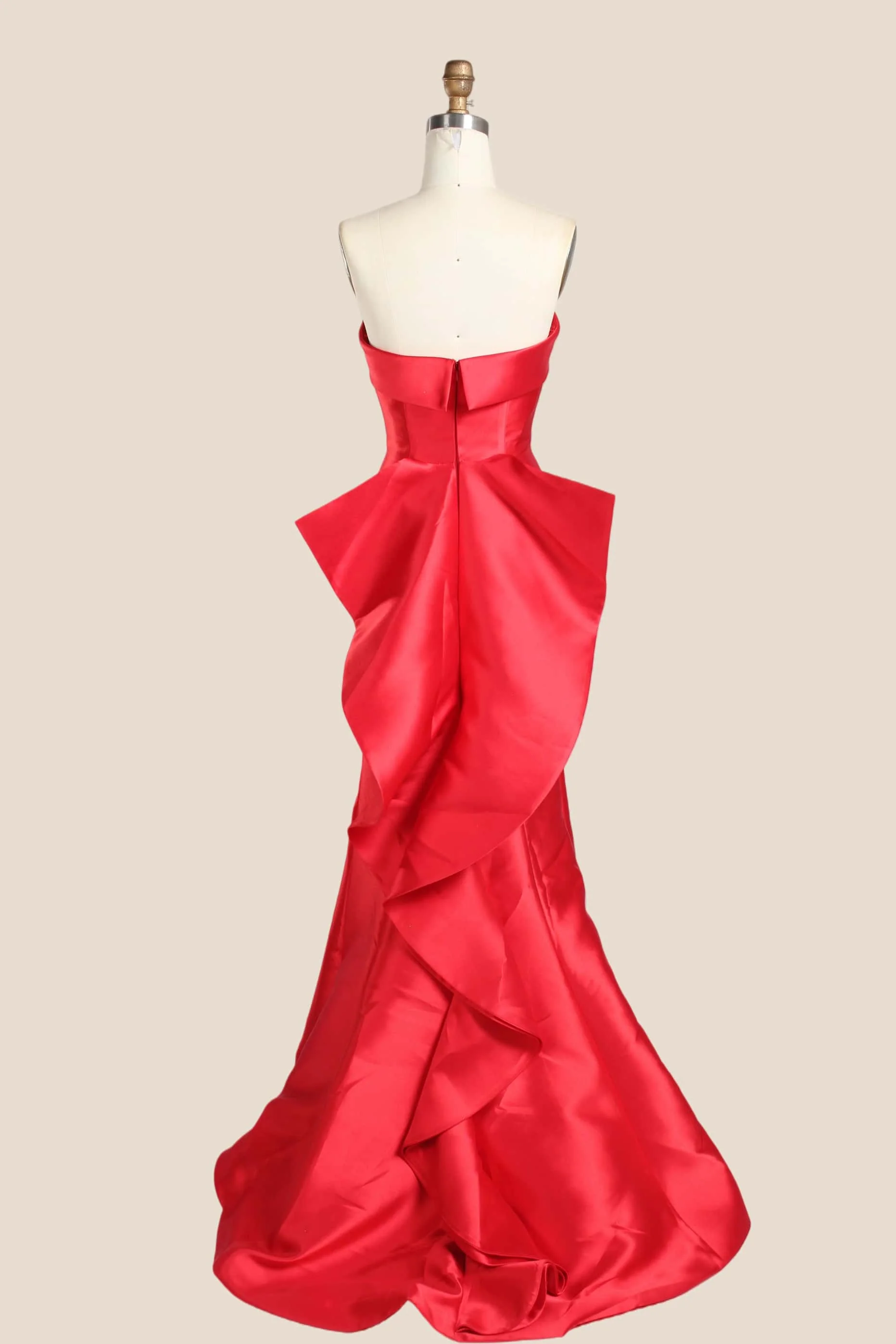 Red Folded Neck Satin Mermaid Dress with Ruffle Train - Image 3
