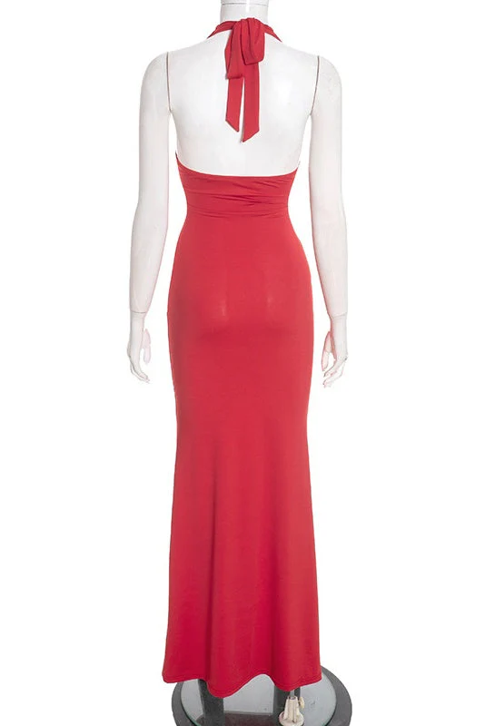 Red Halter Fitted Ruched Long Dress - Image 2