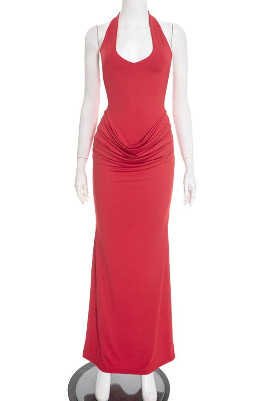 Red Halter Fitted Ruched Long Dress - Image 3