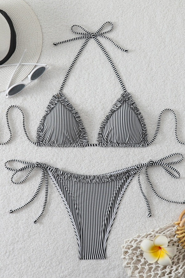 Red Halter Striped Two-piece Bikini Set - Image 3