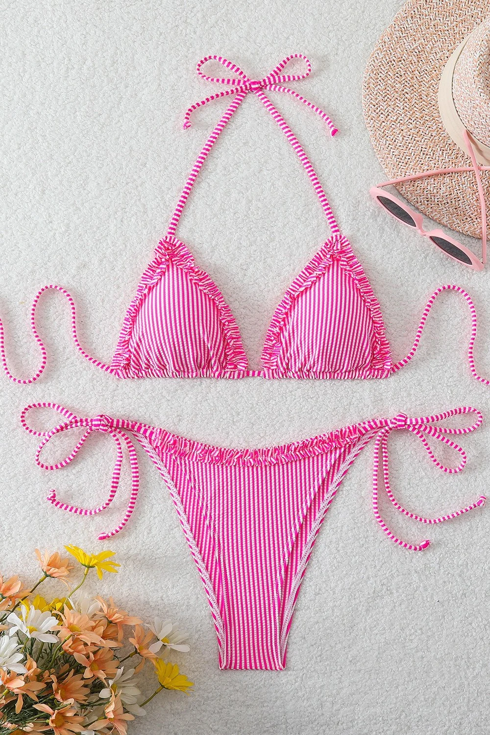 Red Halter Striped Two-piece Bikini Set - Image 4
