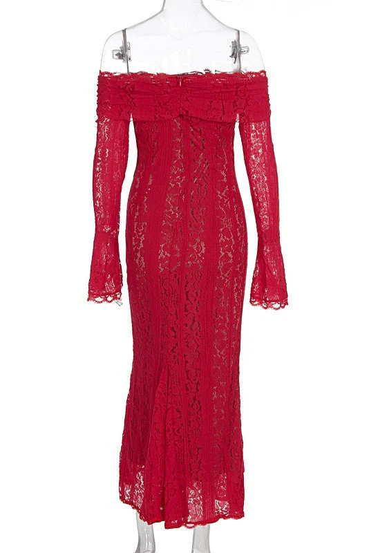 Red Lace Off-the-shoulder Long Dress - Image 2