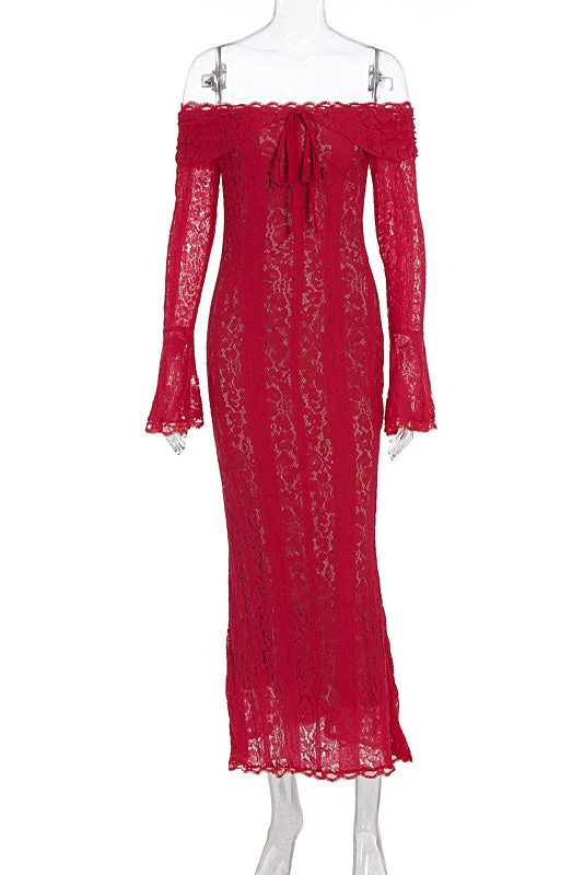Red Lace Off-the-shoulder Long Dress - Image 5