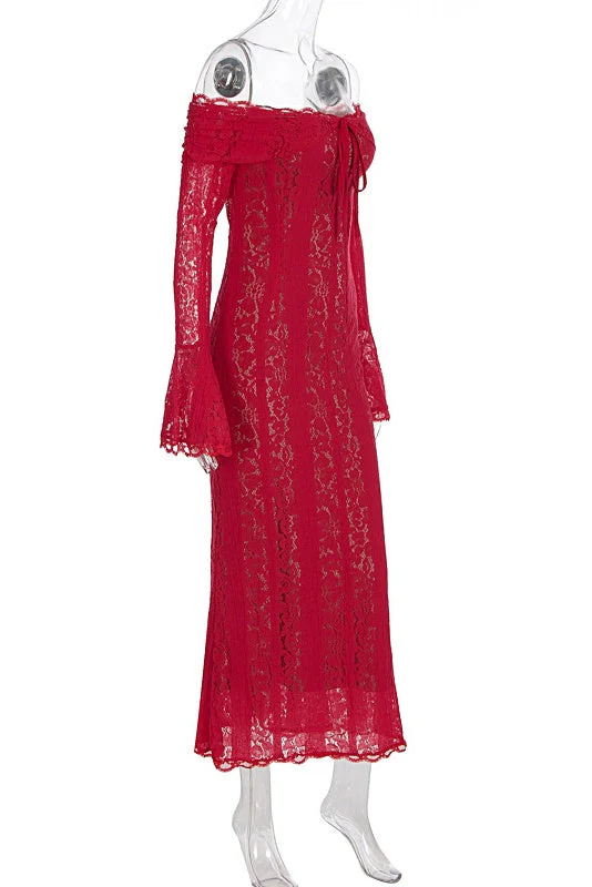 Red Lace Off-the-shoulder Long Dress - Image 6