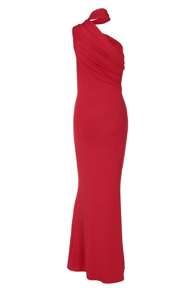 Red One Shoulder Halter Fitted Long Dresss - Image 2