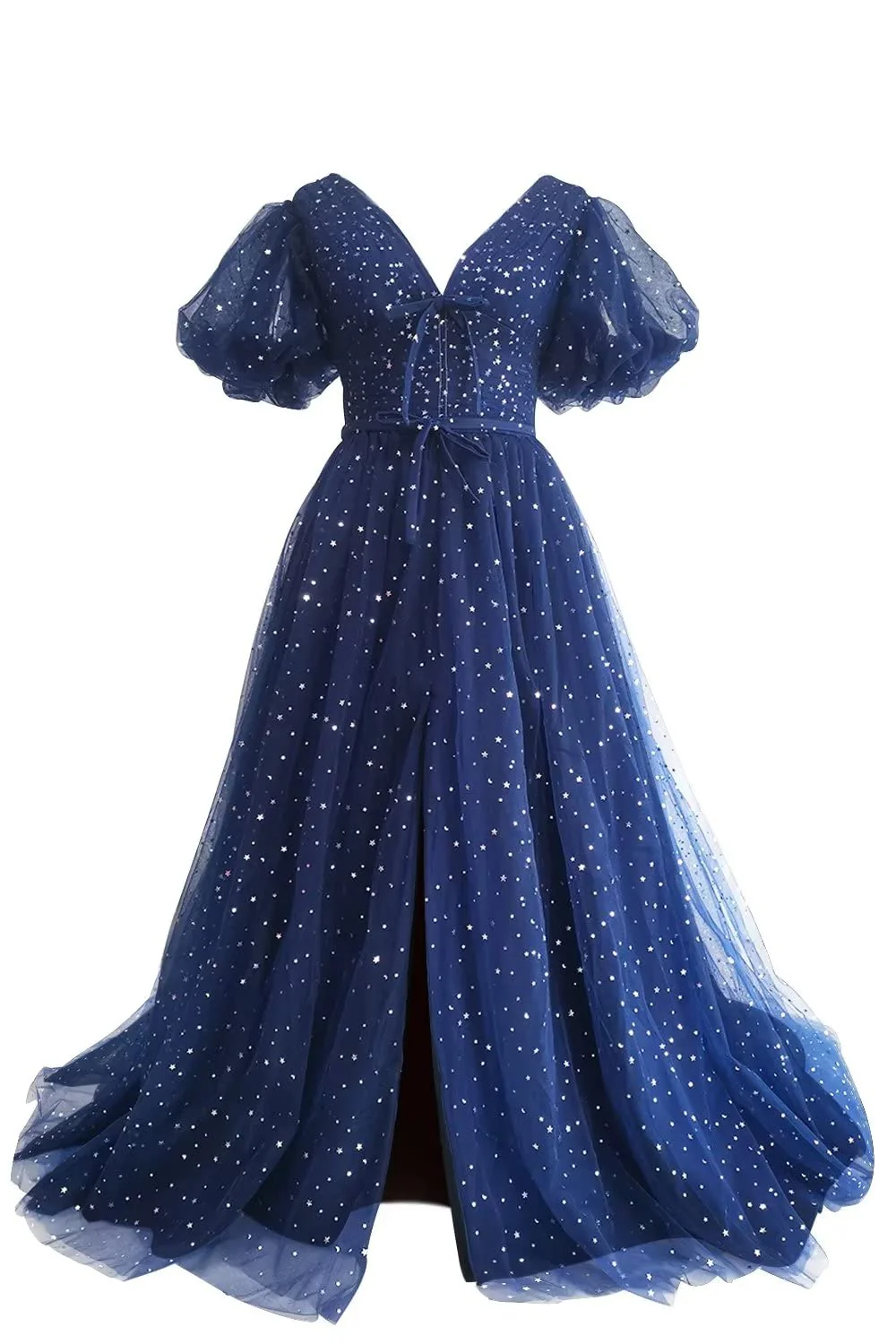 Red Puffy Sleeves Glitters Tea Length Dress - Image 10