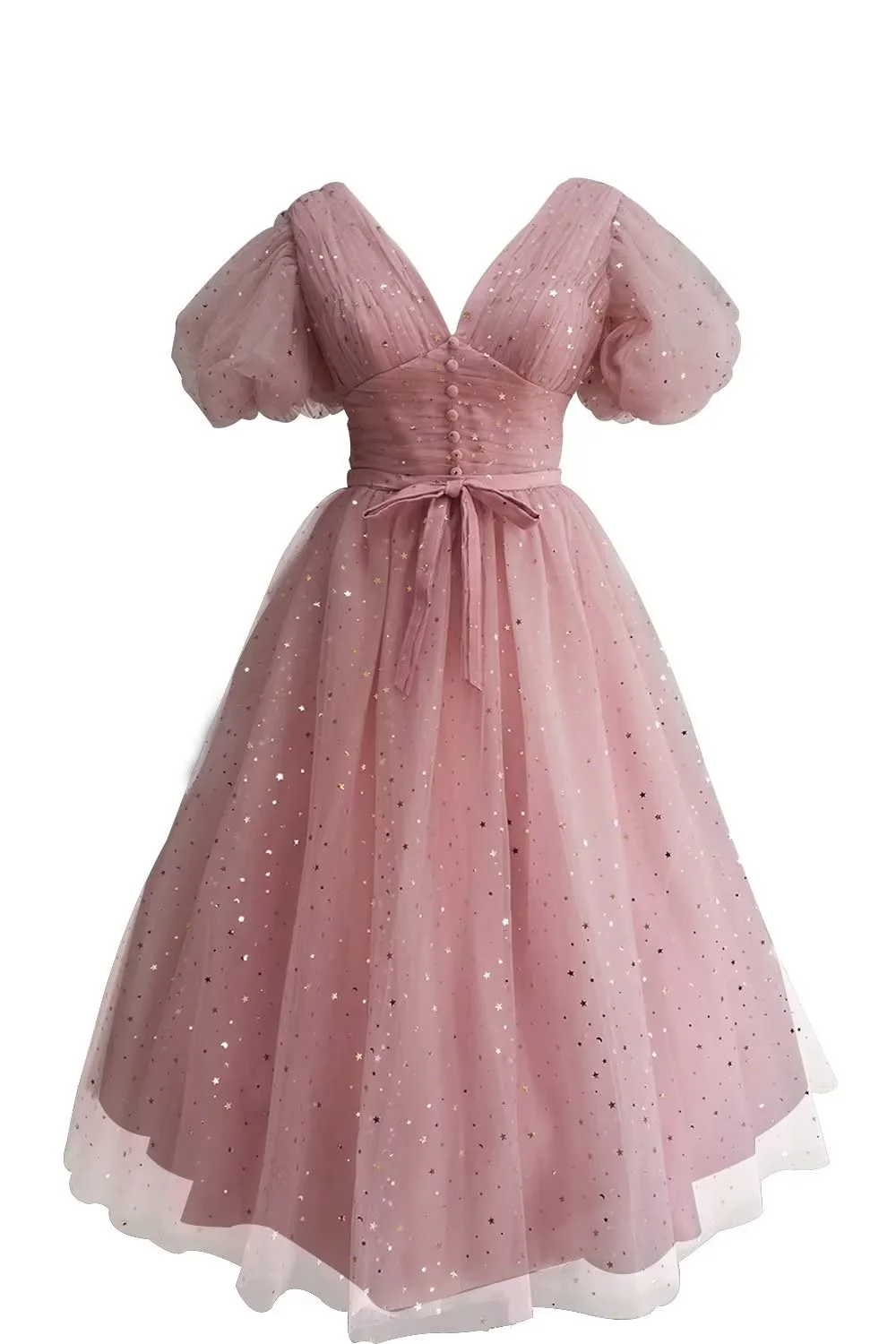 Red Puffy Sleeves Glitters Tea Length Dress - Image 12