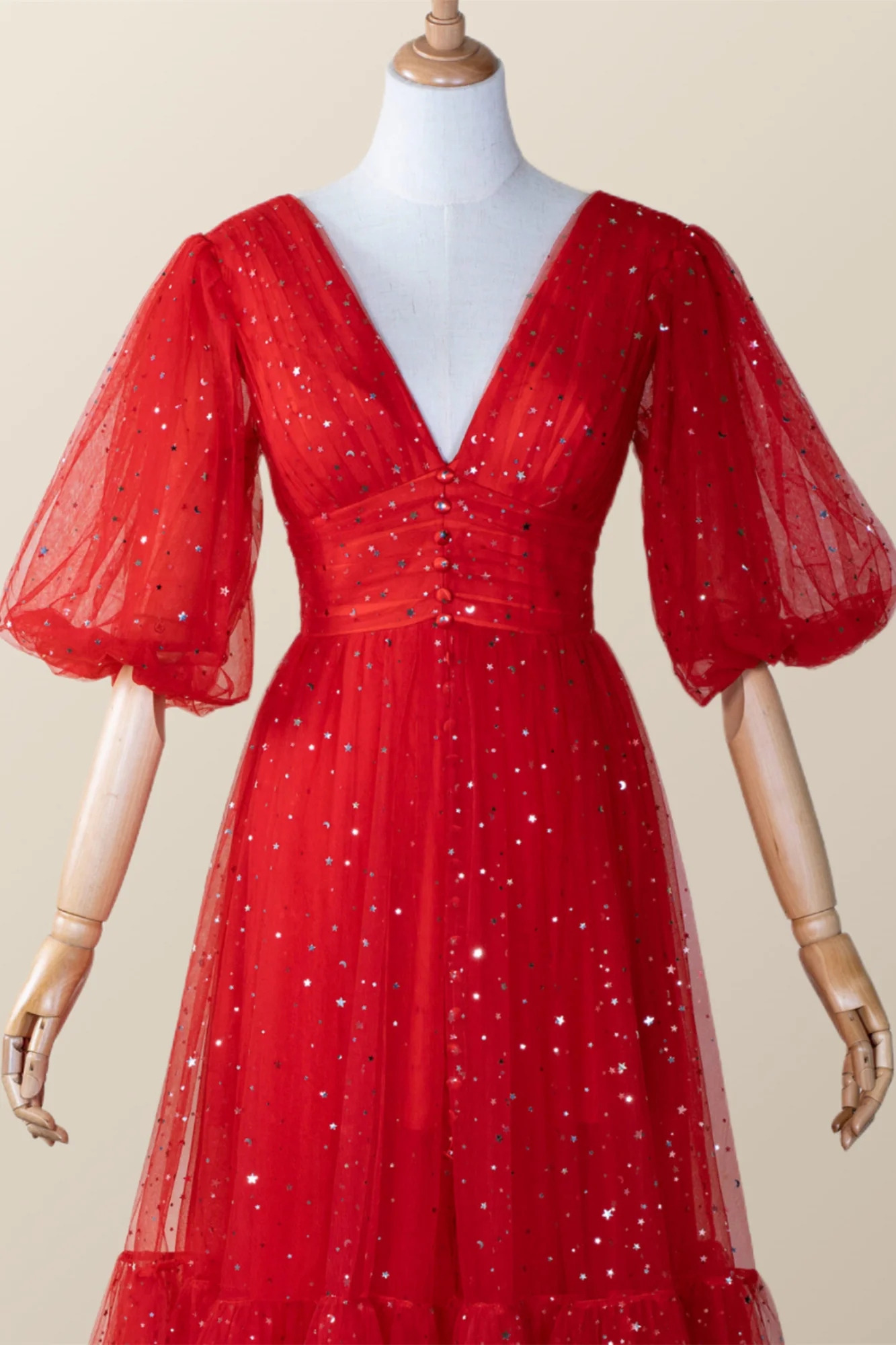 Red Puffy Sleeves Glitters Tea Length Dress - Image 3