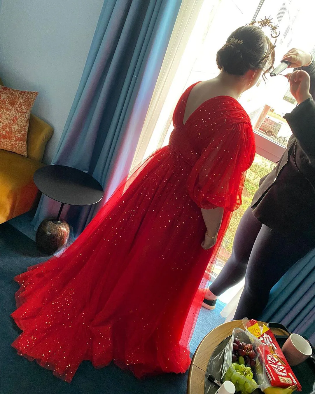 Red Puffy Sleeves Glitters Tea Length Dress - Image 6