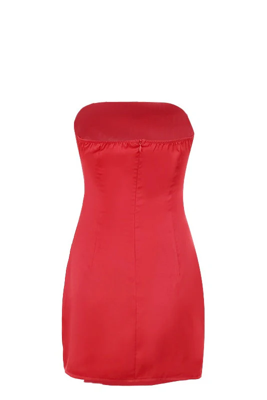 Red Ruched Asymmetric Short Dress - Image 2