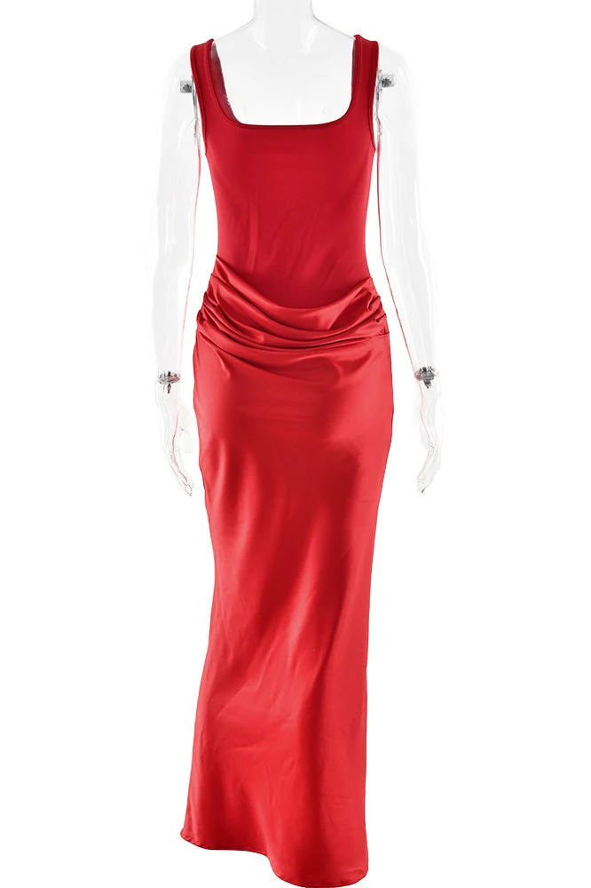 Red Square Neck Draped Fitted Dress - Image 2