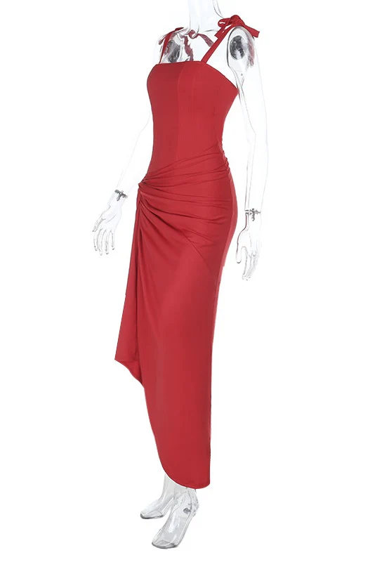Red Tie Shoulder Ruched Party Dress - Image 3