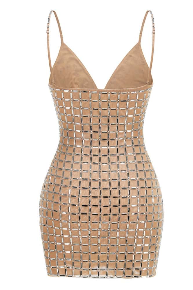 Rhinestones Nude V Neck Tight Dress - Image 2
