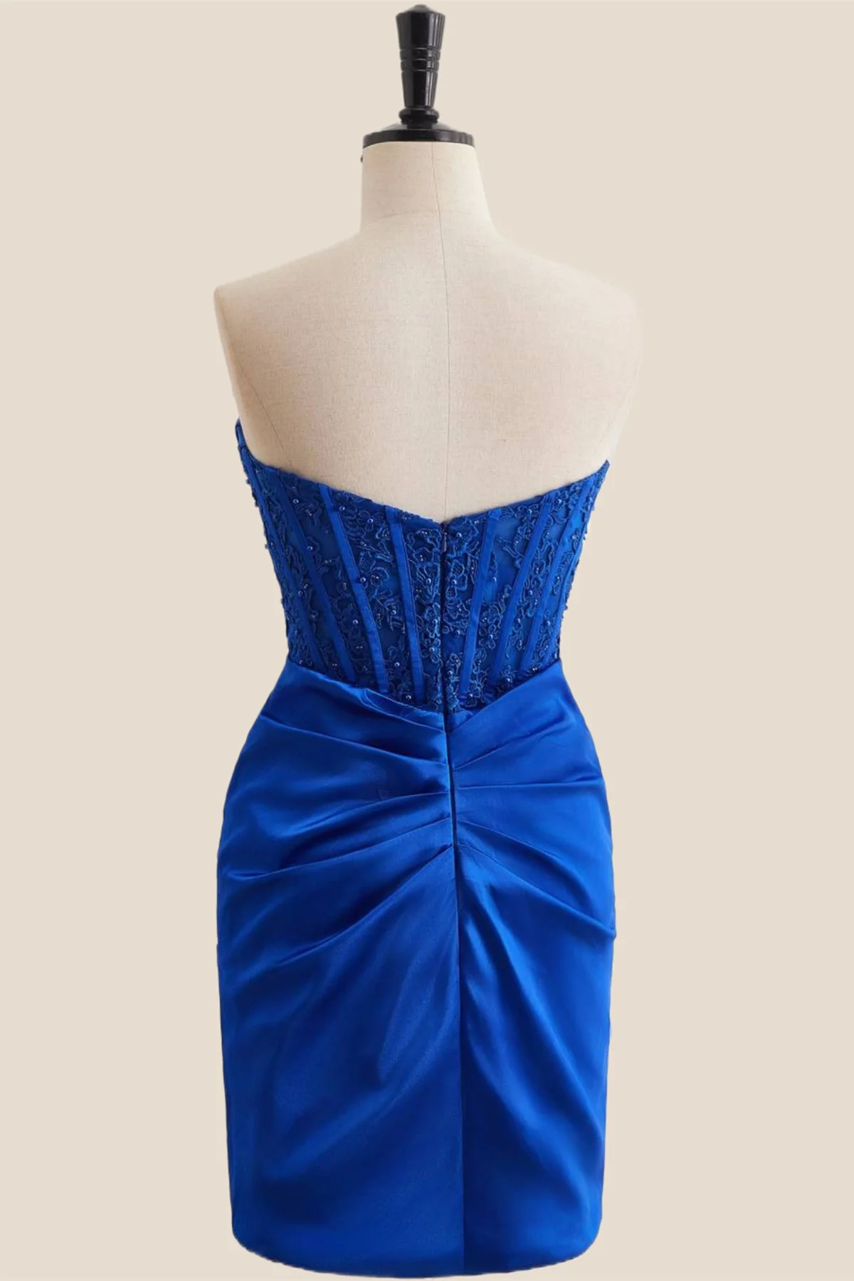 Royal Blue Appliques Ruched Bodycon Short Dress - Image 2