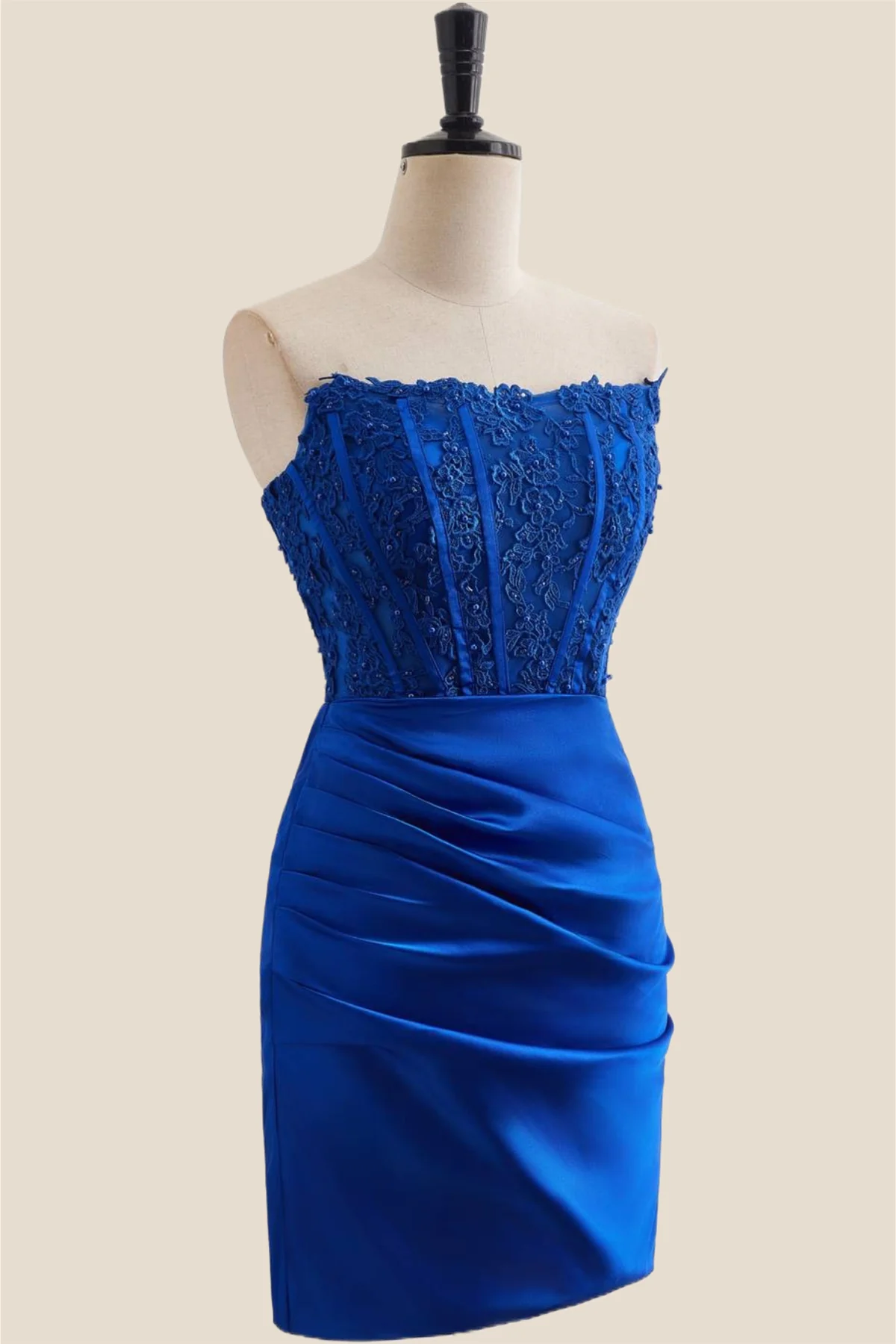 Royal Blue Appliques Ruched Bodycon Short Dress - Image 3